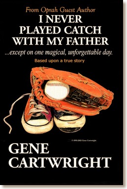 Gene Cartwright's 'I Never Played Catch With My Father' novel from cover with sneakers, baseball and glove, from Oprah guest author