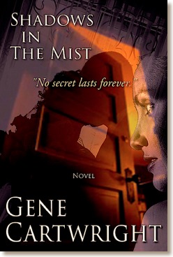 Gene Cartwright's 'ShadowsIn The Mist' novel front cover with man and wife and mistress in shadows